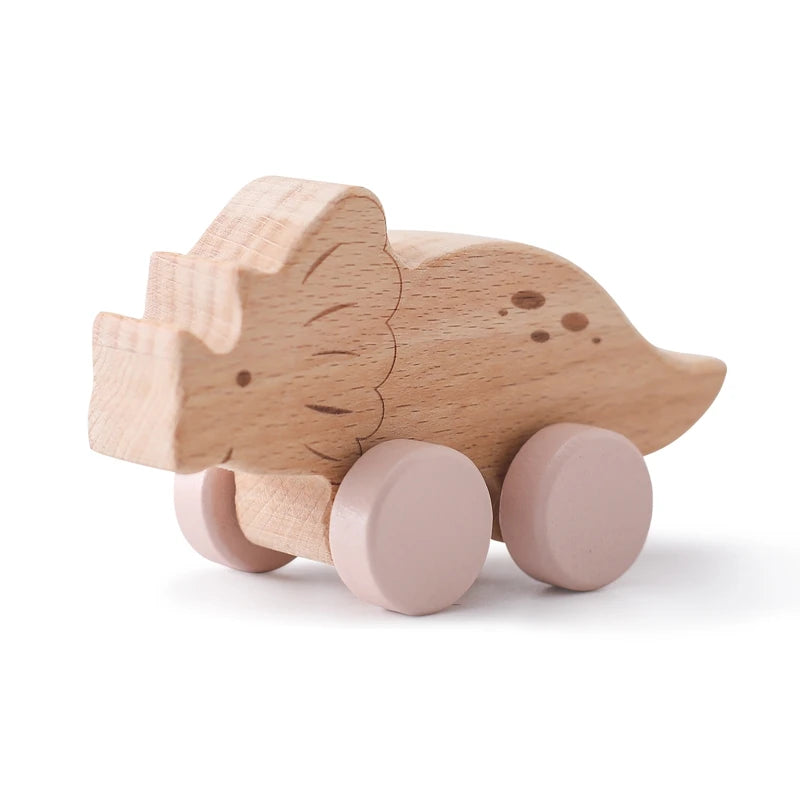 Dinosaur Cartoon Car Montessori Wooden Teether Toy for Infants Toddlers - Sensory Developmental Pretend Play Baby Teething Toy