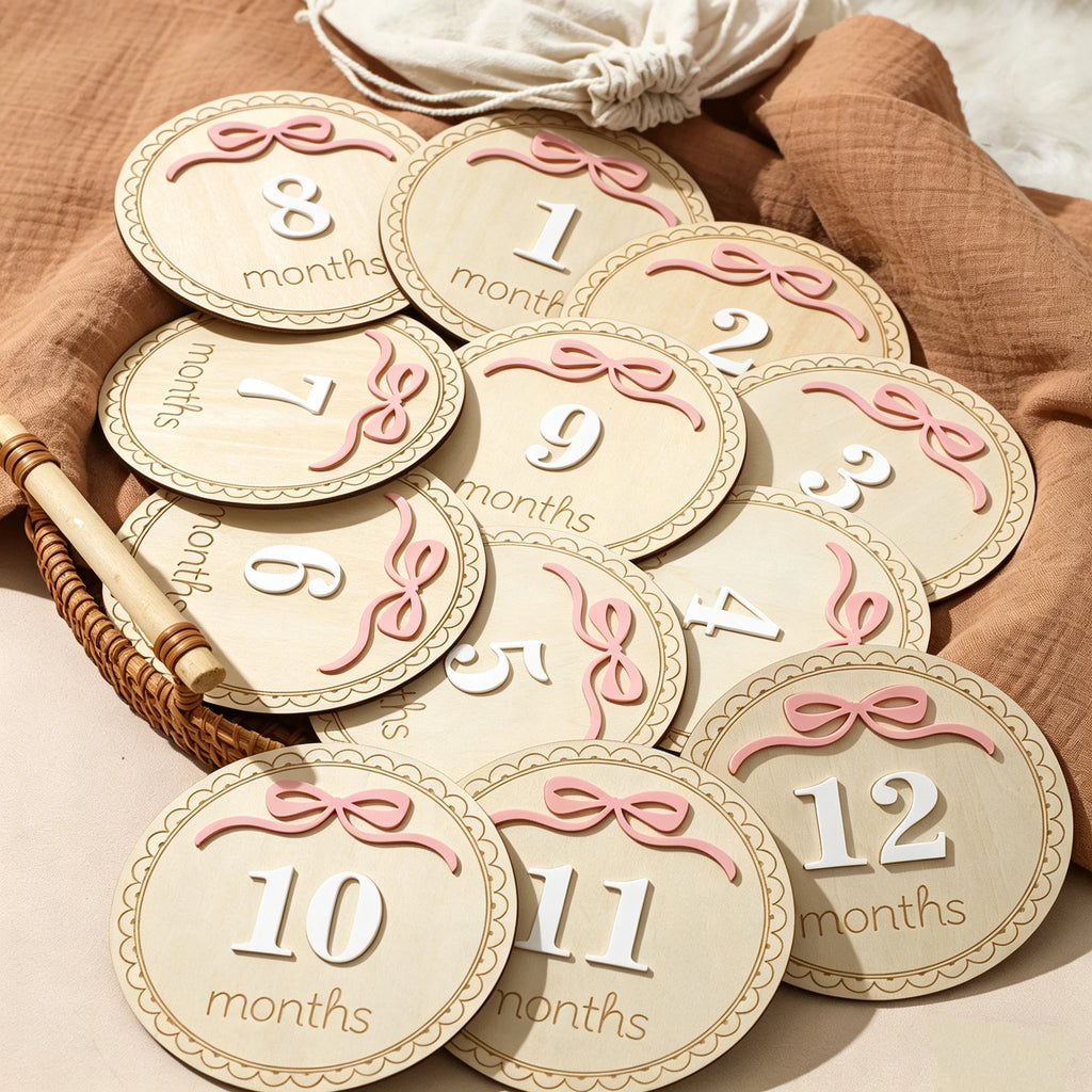 Ylsteed Newborn Photography 1-12 Months Baby Milestone Wooden Discs Pink Bow 3D Engraved Photo Props Keepsake Cards Shower -HD