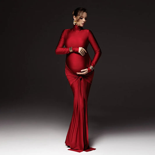 Maternity Photography Props Dress Elastic Slim Fit High Neck Long Sleeved Photography Maxi Dress Photo Shoot Dress For Women