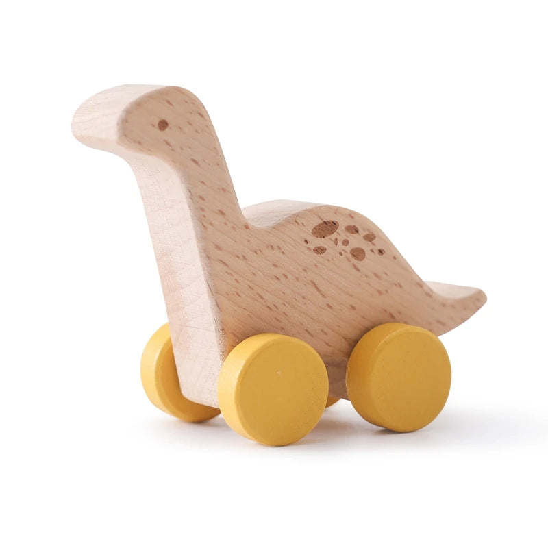 Dinosaur Cartoon Car Montessori Wooden Teether Toy for Infants Toddlers - Sensory Developmental Pretend Play Baby Teething Toy