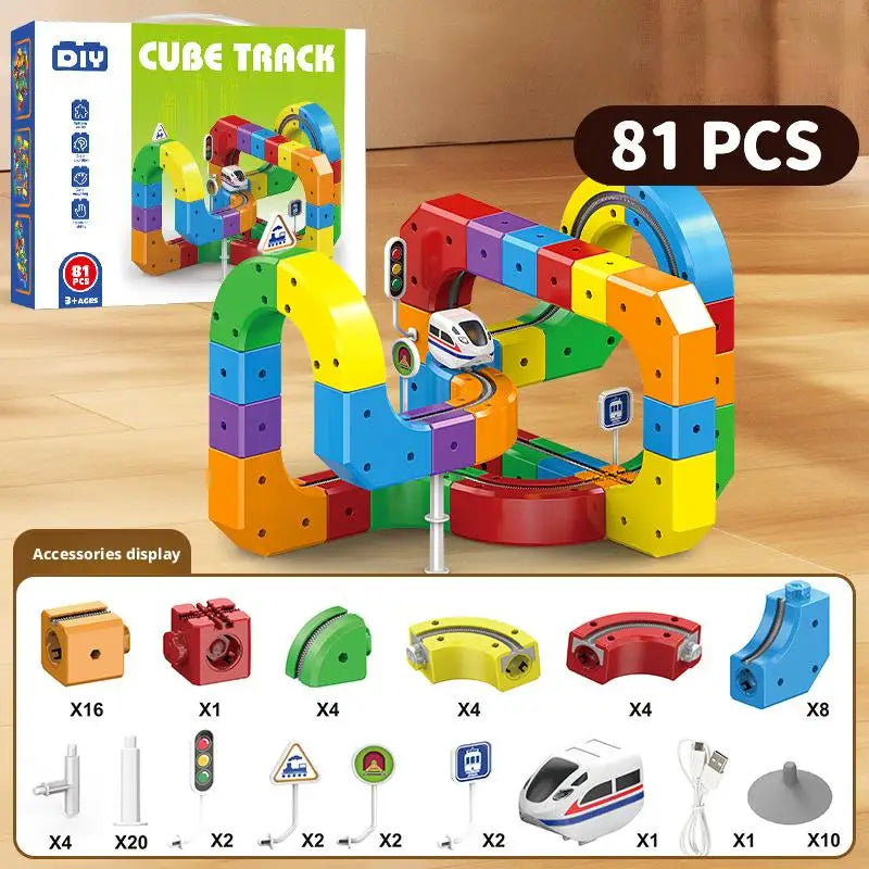 51/81/123PCS Magical Track Train USB Rechargeable 3D Building Tracks Cube Rails STEM Educational Toys Christmas Birthday Gift