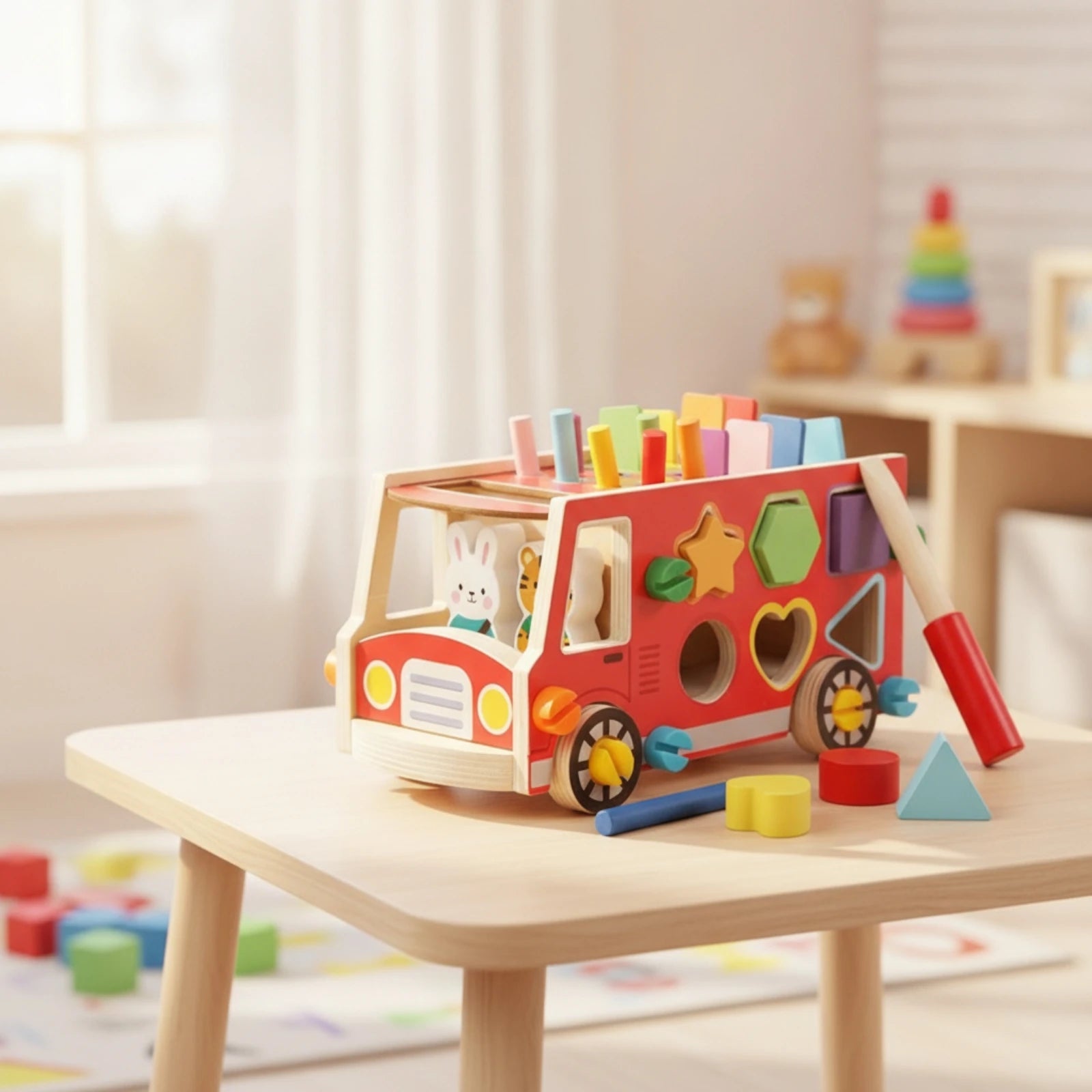 Wooden Bus with Hammer Colorful Bus Shape Sorter Wooden Shape Sorter Interactive Child-Safe for Toddlers, Playroom, Daycare