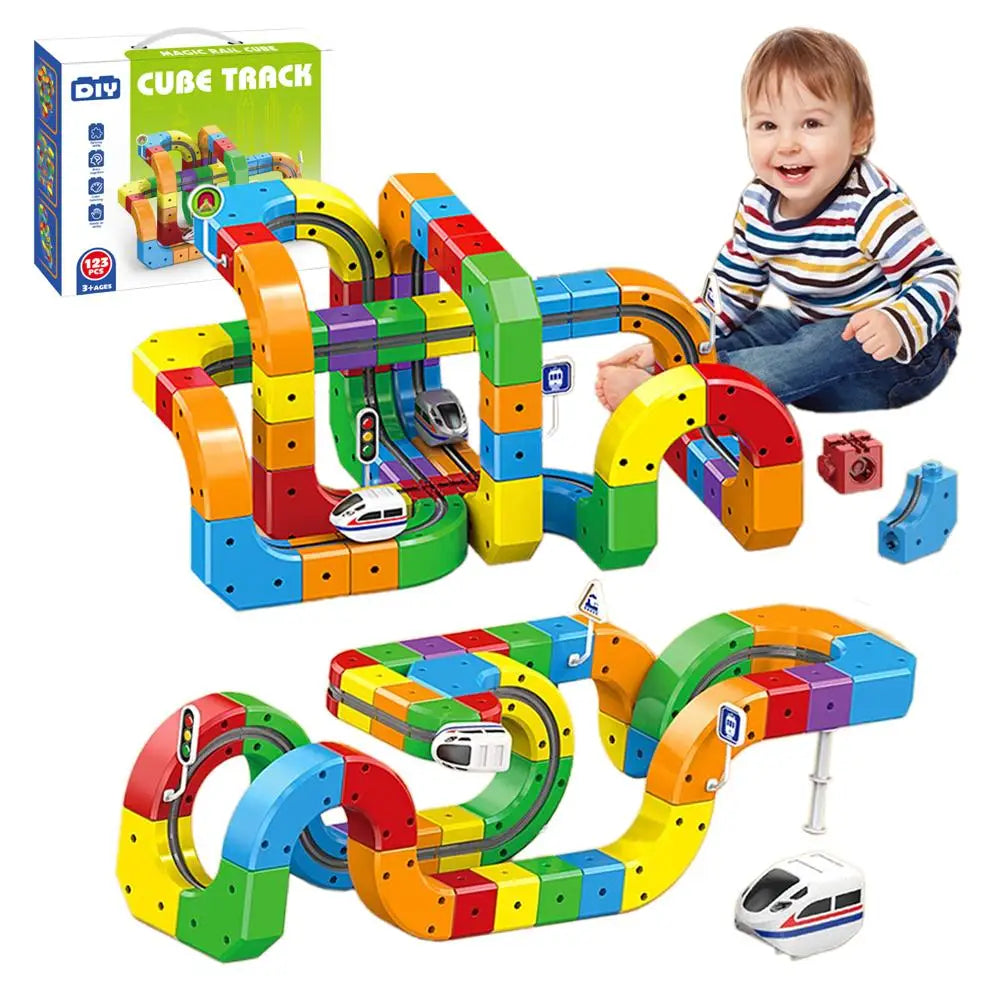 51/81/123PCS Magical Track Train USB Rechargeable 3D Building Tracks Cube Rails STEM Educational Toys Christmas Birthday Gift