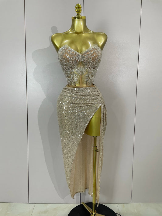 Sparkly Sequin Beading Sexy Strapless Two Pieces Set Women Evening Celebrate Nightclub Party Luxury Birthday Dress Stage Costume