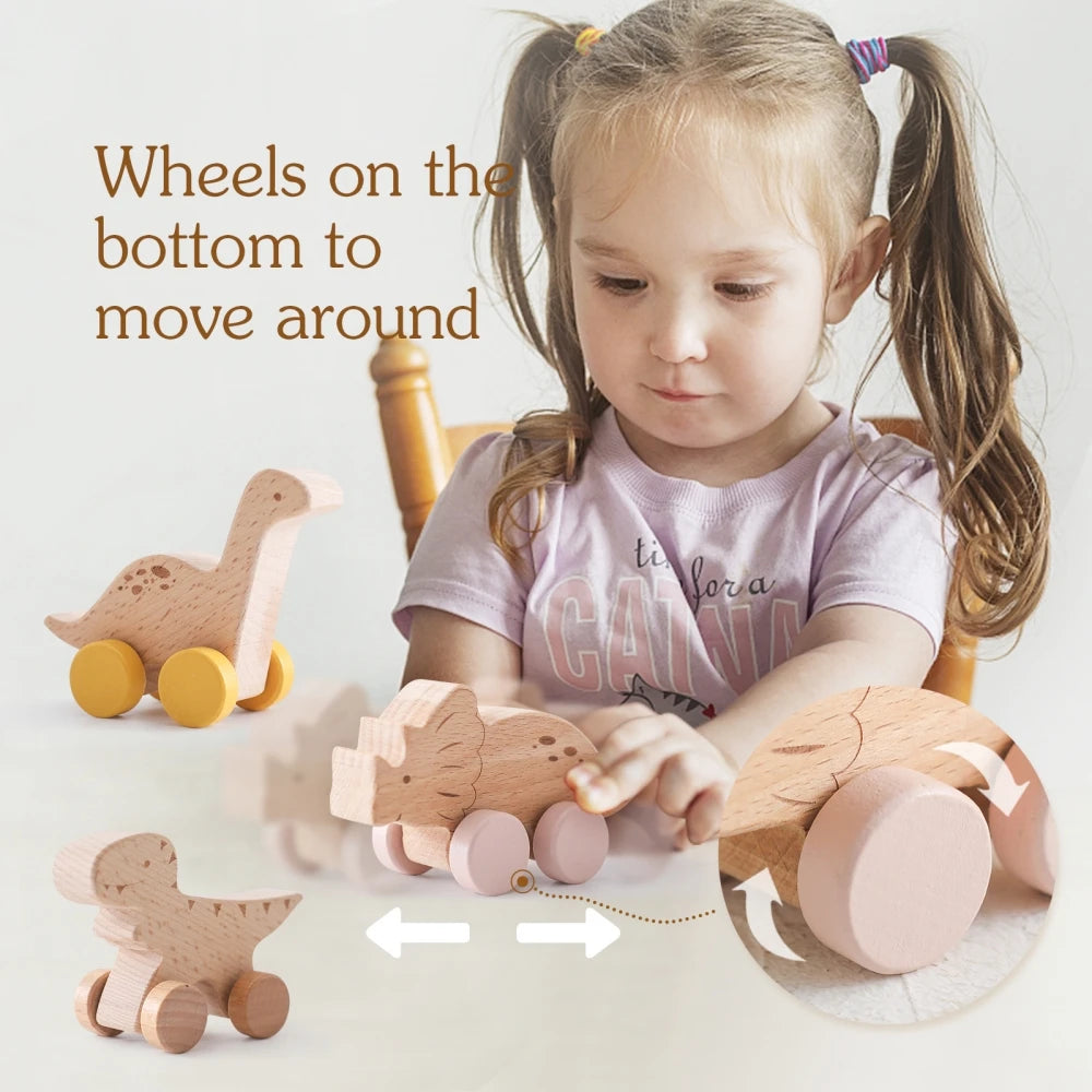 Dinosaur Cartoon Car Montessori Wooden Teether Toy for Infants Toddlers - Sensory Developmental Pretend Play Baby Teething Toy