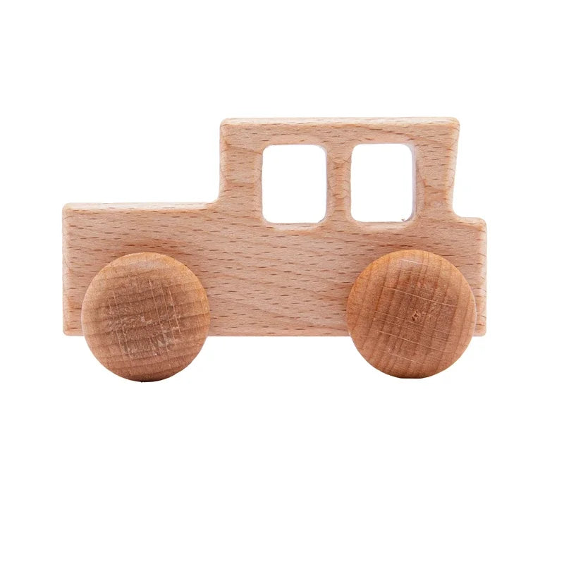 Dinosaur Cartoon Car Montessori Wooden Teether Toy for Infants Toddlers - Sensory Developmental Pretend Play Baby Teething Toy