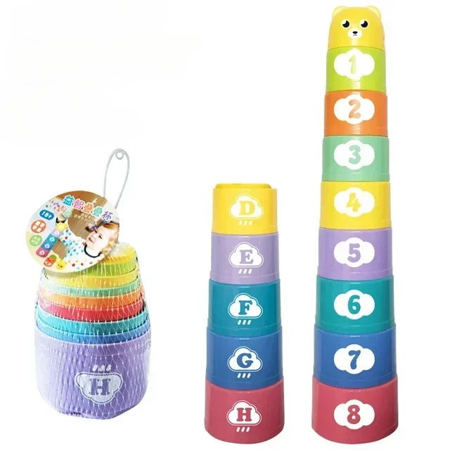 9PCS Stacking Cups Early Education Puzzle Stackable Rainbow Tower with Numbers Letters Shapes Fold Cup Child Stack Game