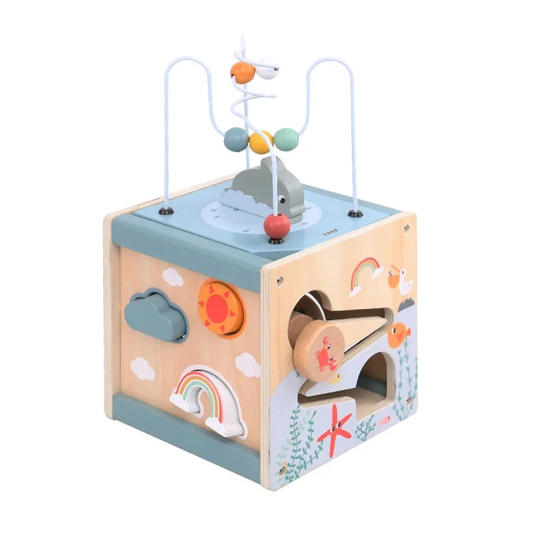 Wooden Activity Cube for Toddlers 5in1 Animal Shape Sorter Bead Maze Montessori Educational Toys Baby 6-12 Months Learning Toys