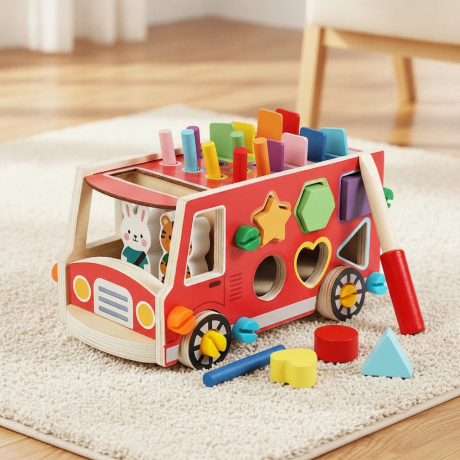Wooden Bus with Hammer Colorful Bus Shape Sorter Wooden Shape Sorter Interactive Child-Safe for Toddlers, Playroom, Daycare