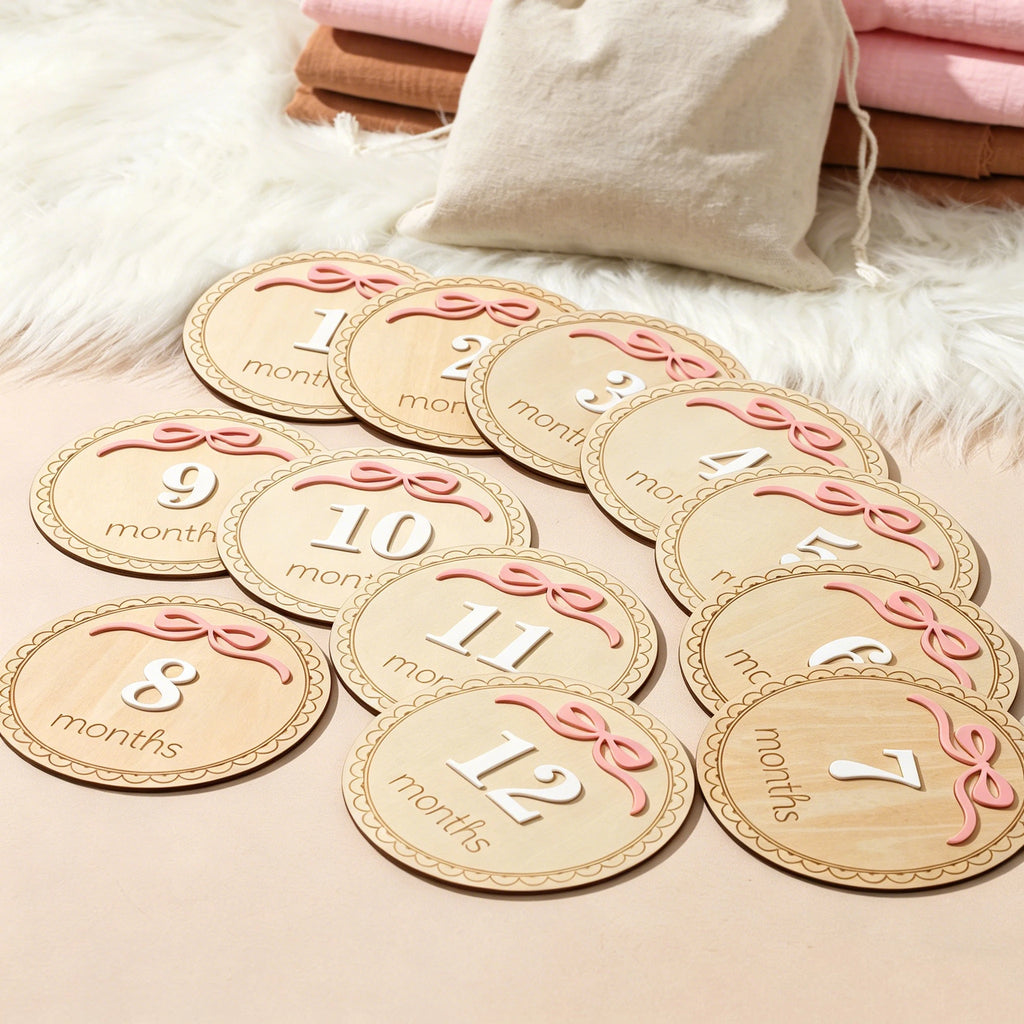 Ylsteed Newborn Photography 1-12 Months Baby Milestone Wooden Discs Pink Bow 3D Engraved Photo Props Keepsake Cards Shower -HD