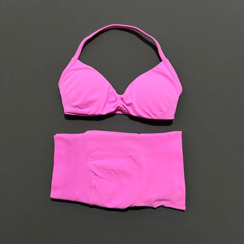 HISTELLO Gym Set 2 Piece Women Strappy Yoga Bra Top Workout Scrunch Shorts Sports Suit Fitness Clothes Seamless Yoga Set