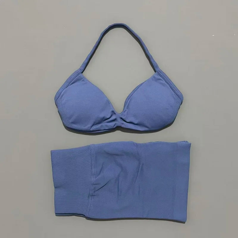 HISTELLO Gym Set 2 Piece Women Strappy Yoga Bra Top Workout Scrunch Shorts Sports Suit Fitness Clothes Seamless Yoga Set