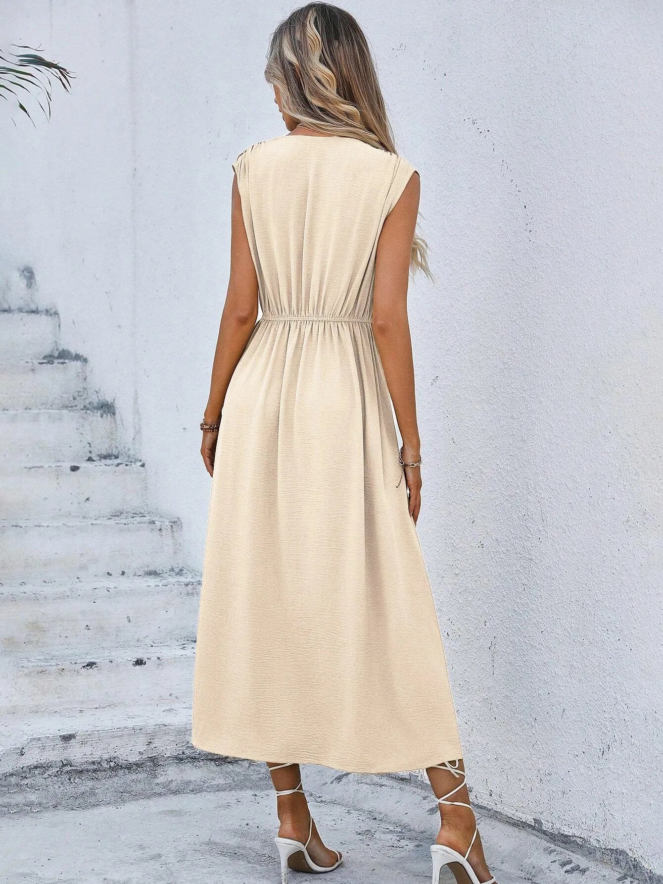 Women's Solid Color A-Line Dress Sleeveless Front Thin Straps Elegant Belted Midi Dress for Summer