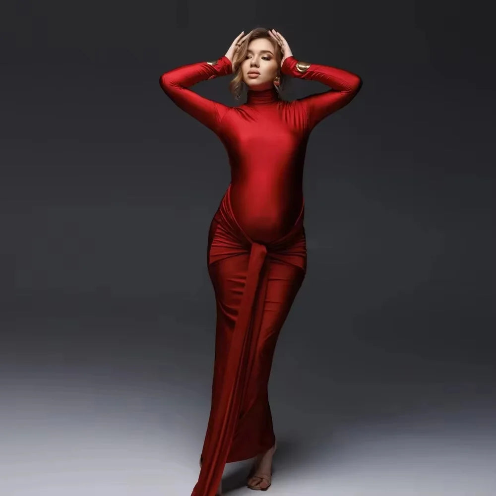 Maternity Photography Props Dress Elastic Slim Fit High Neck Long Sleeved Photography Maxi Dress Photo Shoot Dress For Women