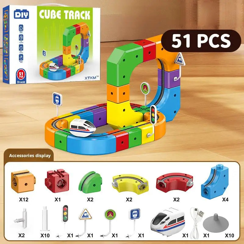 51/81/123PCS Magical Track Train USB Rechargeable 3D Building Tracks Cube Rails STEM Educational Toys Christmas Birthday Gift