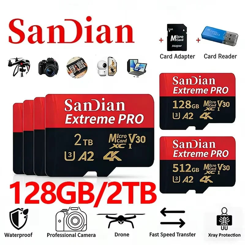 Class 10 U3 V30 Waterproof Memory SD Cards with USB Adapter 128GB 512GB High Speed Micro TF/SD Card for Phone Laptop Camera