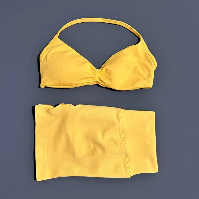 HISTELLO Gym Set 2 Piece Women Strappy Yoga Bra Top Workout Scrunch Shorts Sports Suit Fitness Clothes Seamless Yoga Set