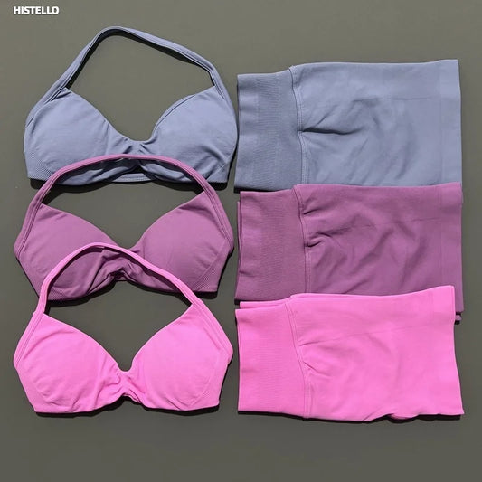 HISTELLO Gym Set 2 Piece Women Strappy Yoga Bra Top Workout Scrunch Shorts Sports Suit Fitness Clothes Seamless Yoga Set