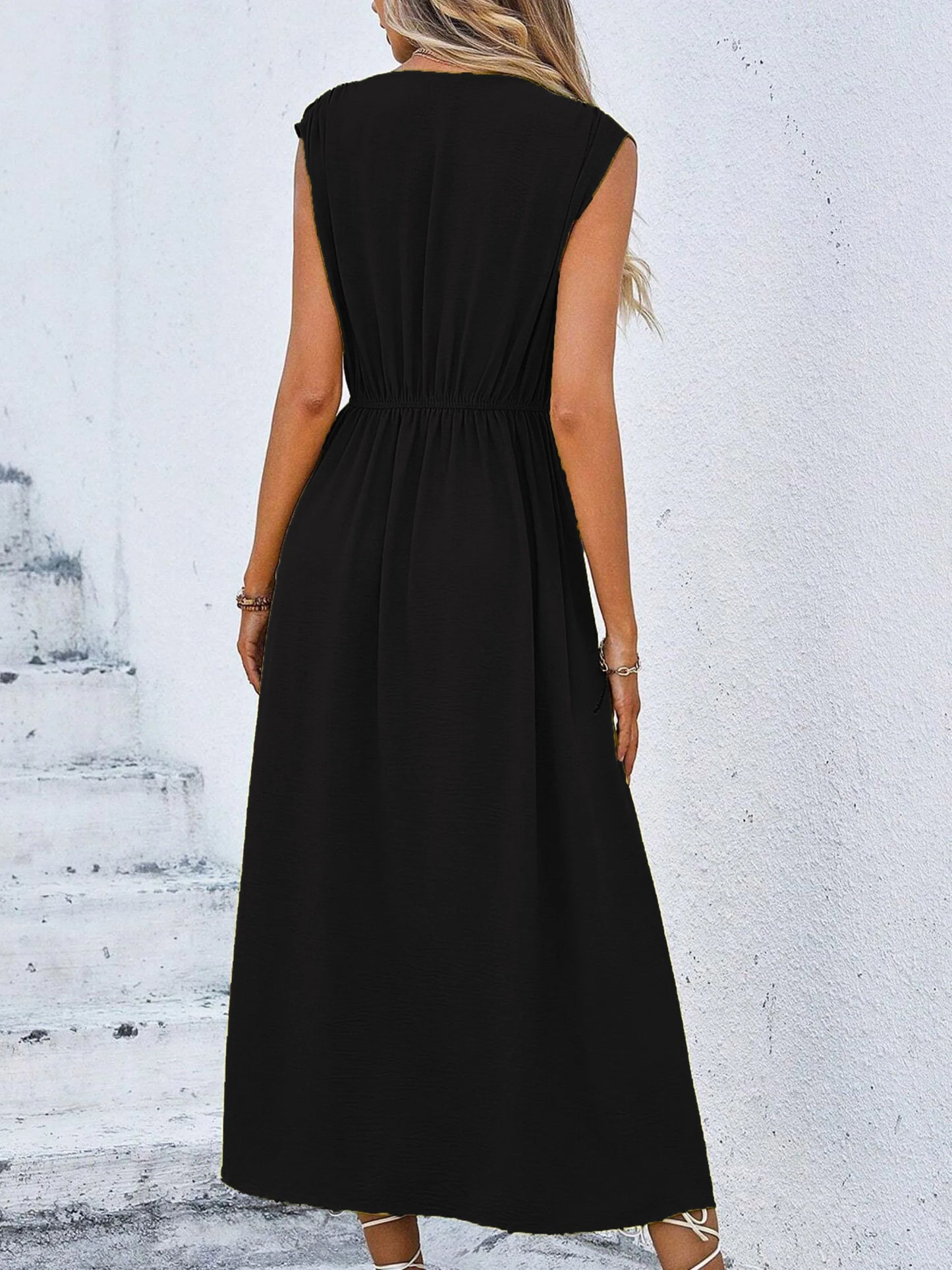 Women's Solid Color A-Line Dress Sleeveless Front Thin Straps Elegant Belted Midi Dress for Summer