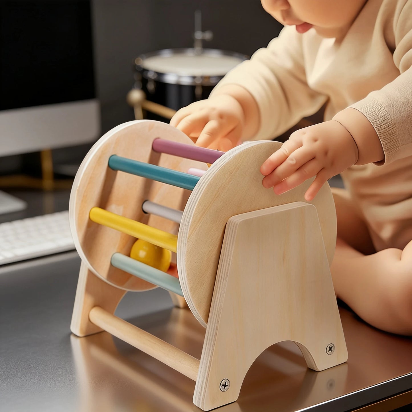 Desktop Scrolling Drum Premium Wooden Sensory Toy Smooth Rolling Beads Durable Design Perfect Educational Play Toddlers Aged