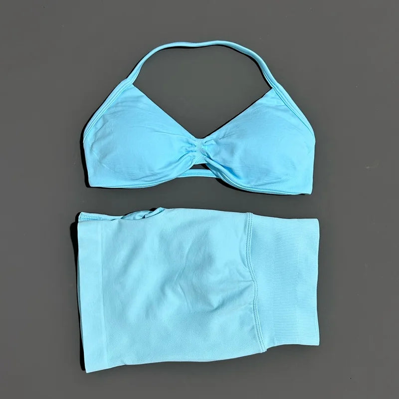 HISTELLO Gym Set 2 Piece Women Strappy Yoga Bra Top Workout Scrunch Shorts Sports Suit Fitness Clothes Seamless Yoga Set
