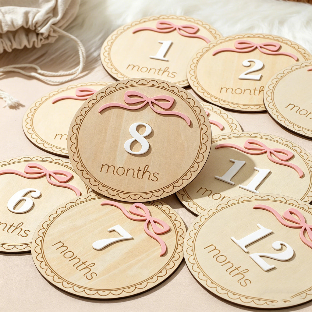 Ylsteed Newborn Photography 1-12 Months Baby Milestone Wooden Discs Pink Bow 3D Engraved Photo Props Keepsake Cards Shower -HD