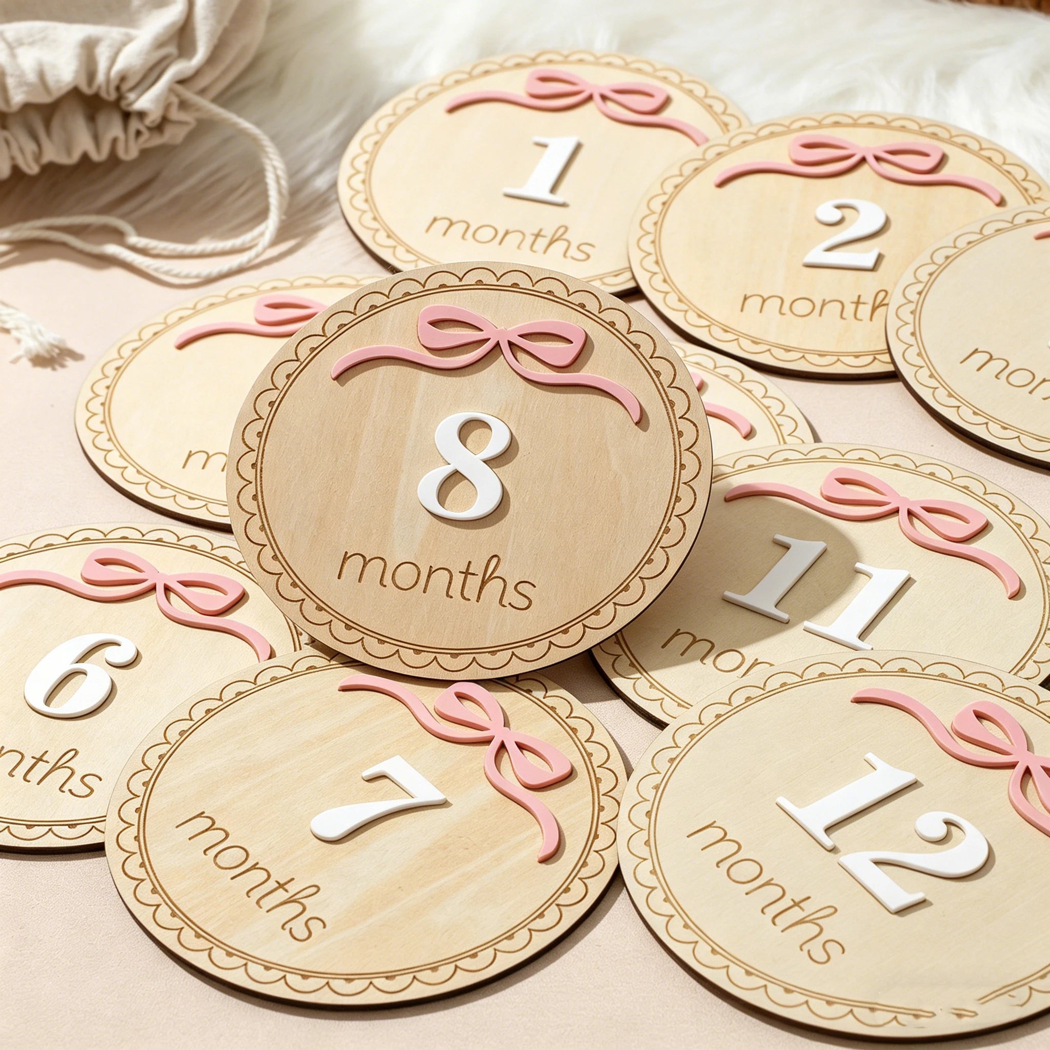 Ylsteed Newborn Photography 1-12 Months Baby Milestone Wooden Discs Pink Bow 3D Engraved Photo Props Keepsake Cards Shower -HD