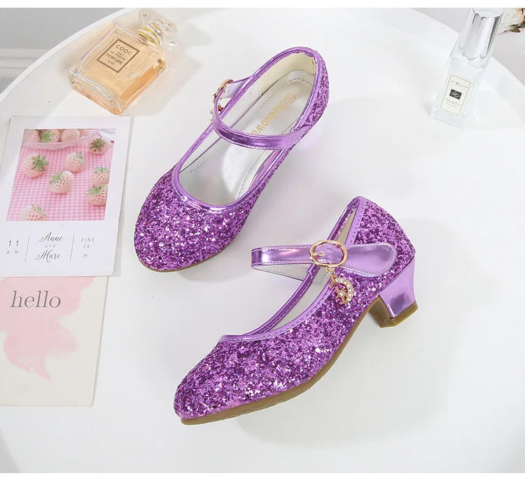 Girls Purple High Heels For Kids Princess RED Leather Shoe Footwear Children's Dress Party Wedding Shoes Round Toe 1-3CM