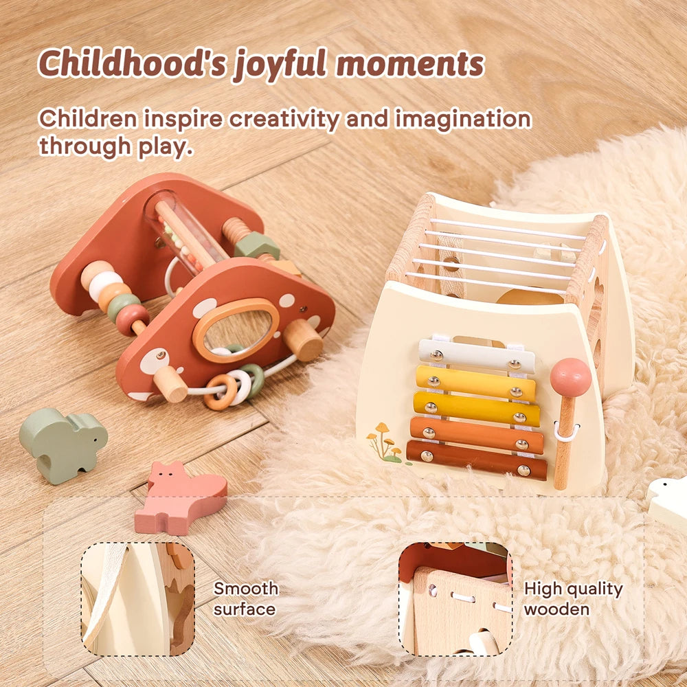 Montessori Five-in-one Toy Wooden Mushroom Baby Puzzle Toy Multi-Functional Sensory Development Early Education Toys Child Gift
