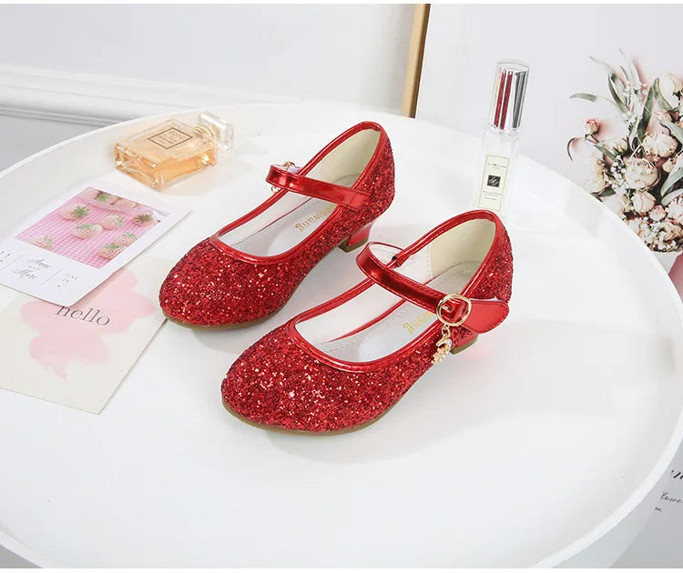 Girls Purple High Heels For Kids Princess RED Leather Shoe Footwear Children's Dress Party Wedding Shoes Round Toe 1-3CM