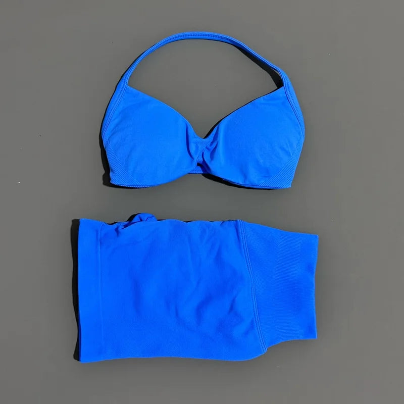 HISTELLO Gym Set 2 Piece Women Strappy Yoga Bra Top Workout Scrunch Shorts Sports Suit Fitness Clothes Seamless Yoga Set