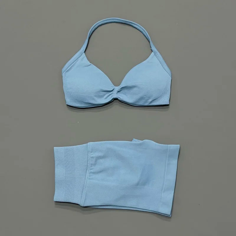 HISTELLO Gym Set 2 Piece Women Strappy Yoga Bra Top Workout Scrunch Shorts Sports Suit Fitness Clothes Seamless Yoga Set