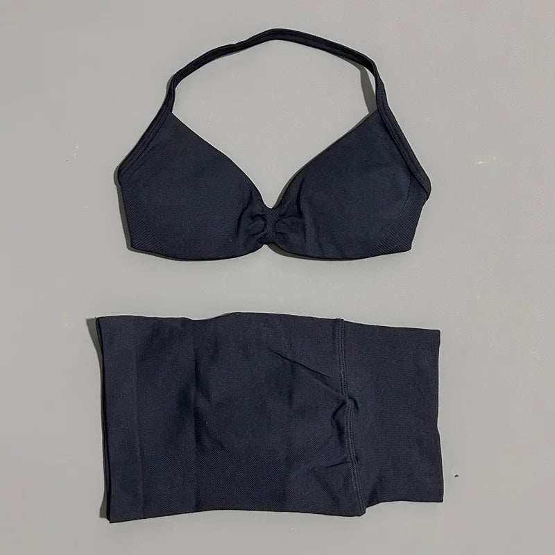 HISTELLO Gym Set 2 Piece Women Strappy Yoga Bra Top Workout Scrunch Shorts Sports Suit Fitness Clothes Seamless Yoga Set