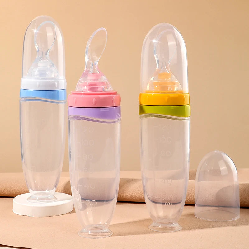120 ml/4oz Infant Baby Liquid Silicone Food Squeeze Feeder | Fruit Puree & Rice Paste Dispenser | Detachable Spoon