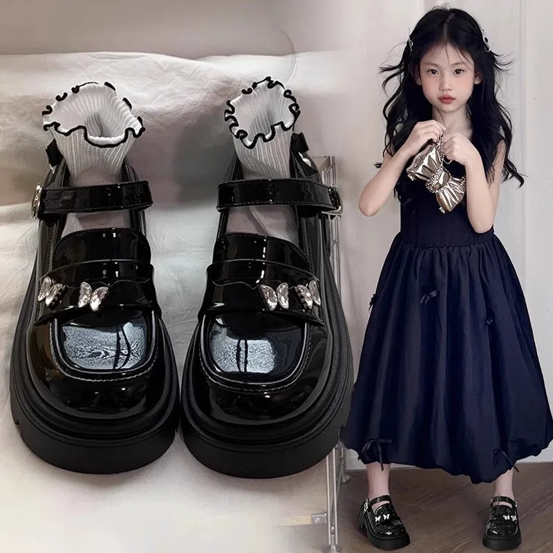 Girls Black Leather Shoes for Wedding Party School Opening Soft PU Bright Skin Kids Flats with Metal Butterfly Princess Sweet