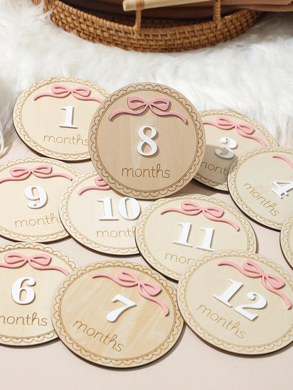 Ylsteed Newborn Photography 1-12 Months Baby Milestone Wooden Discs Pink Bow 3D Engraved Photo Props Keepsake Cards Shower -HD
