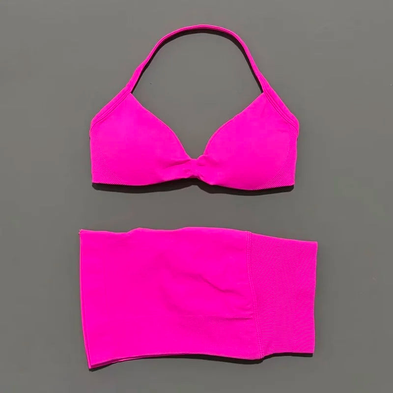 HISTELLO Gym Set 2 Piece Women Strappy Yoga Bra Top Workout Scrunch Shorts Sports Suit Fitness Clothes Seamless Yoga Set