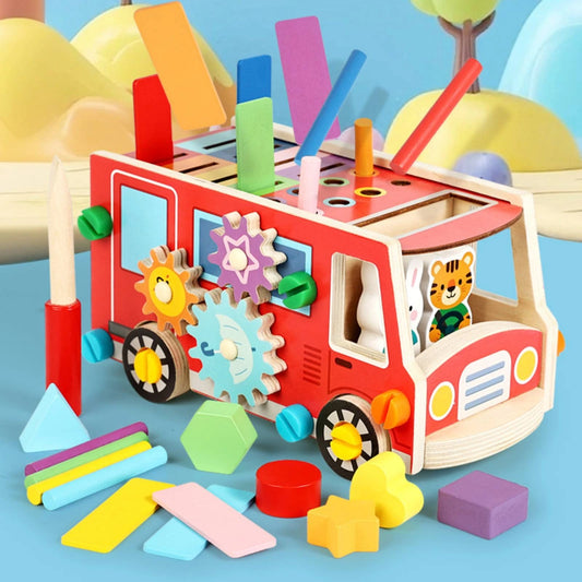 Wooden Bus with Hammer Colorful Bus Shape Sorter Wooden Shape Sorter Interactive Child-Safe for Toddlers, Playroom, Daycare