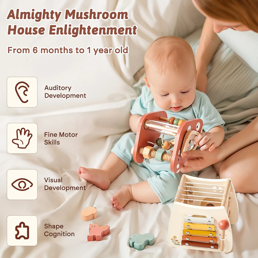 Montessori Five-in-one Toy Wooden Mushroom Baby Puzzle Toy Multi-Functional Sensory Development Early Education Toys Child Gift