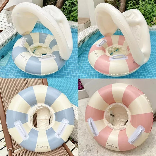 Baby Swim Ring Inflatable Summer Pool Float Seat with Canopy Sunshade Handles Cartoon Swimming Ring for Boys Girls Toddler 40lbs