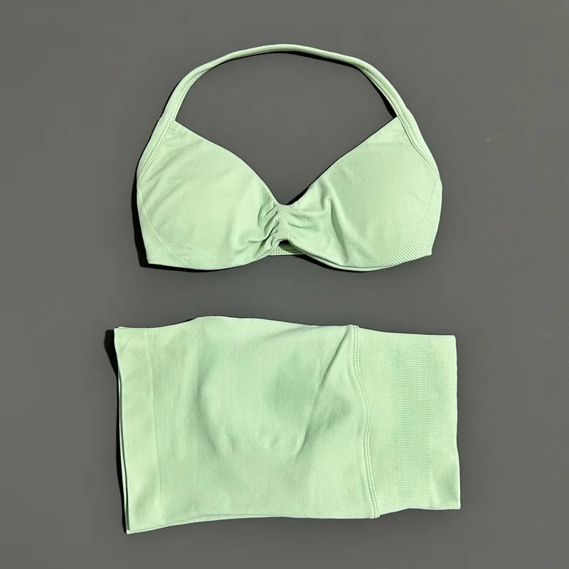 HISTELLO Gym Set 2 Piece Women Strappy Yoga Bra Top Workout Scrunch Shorts Sports Suit Fitness Clothes Seamless Yoga Set