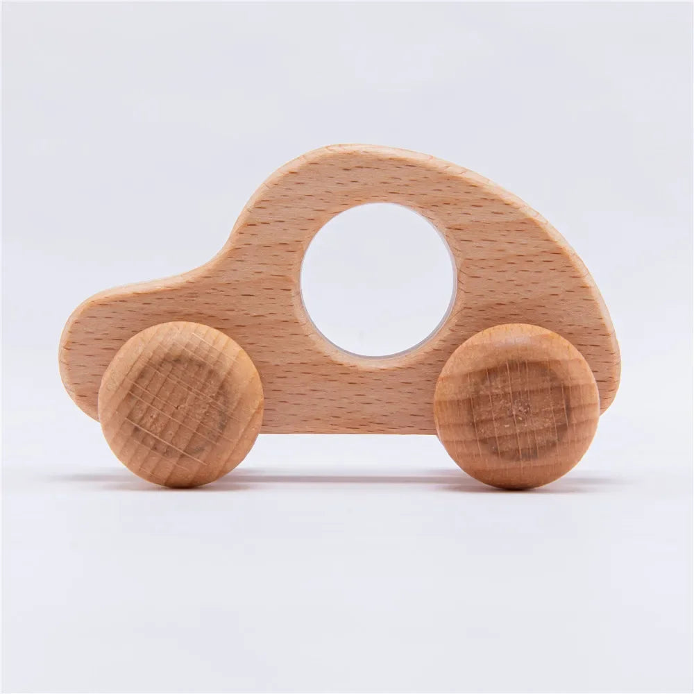 Dinosaur Cartoon Car Montessori Wooden Teether Toy for Infants Toddlers - Sensory Developmental Pretend Play Baby Teething Toy