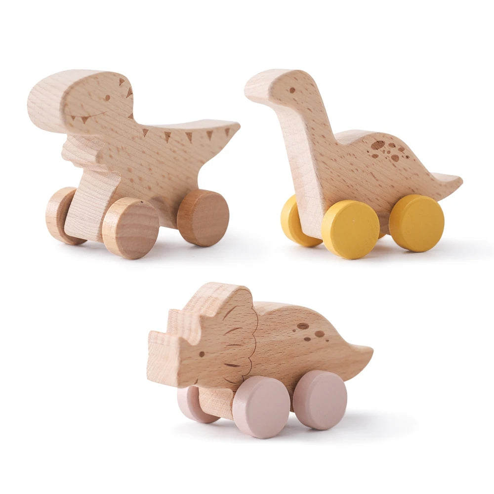 Dinosaur Cartoon Car Montessori Wooden Teether Toy for Infants Toddlers - Sensory Developmental Pretend Play Baby Teething Toy