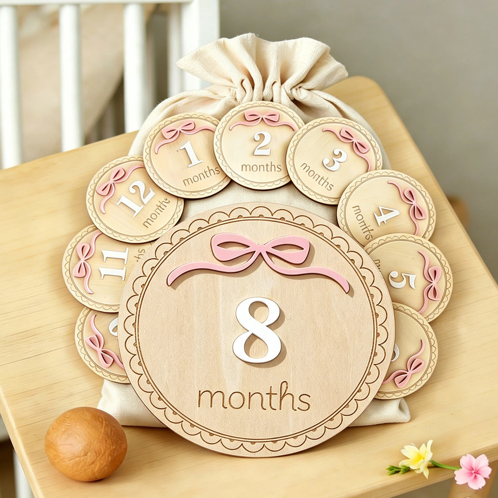 Ylsteed Newborn Photography 1-12 Months Baby Milestone Wooden Discs Pink Bow 3D Engraved Photo Props Keepsake Cards Shower -HD