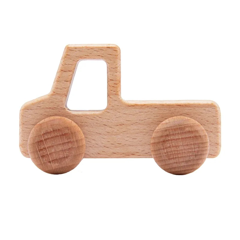 Dinosaur Cartoon Car Montessori Wooden Teether Toy for Infants Toddlers - Sensory Developmental Pretend Play Baby Teething Toy