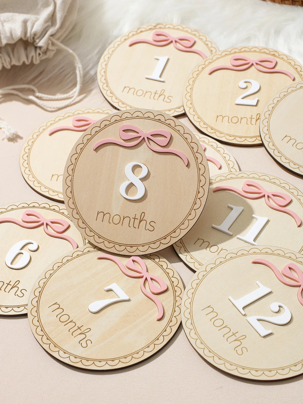 Ylsteed Newborn Photography 1-12 Months Baby Milestone Wooden Discs Pink Bow 3D Engraved Photo Props Keepsake Cards Shower -HD