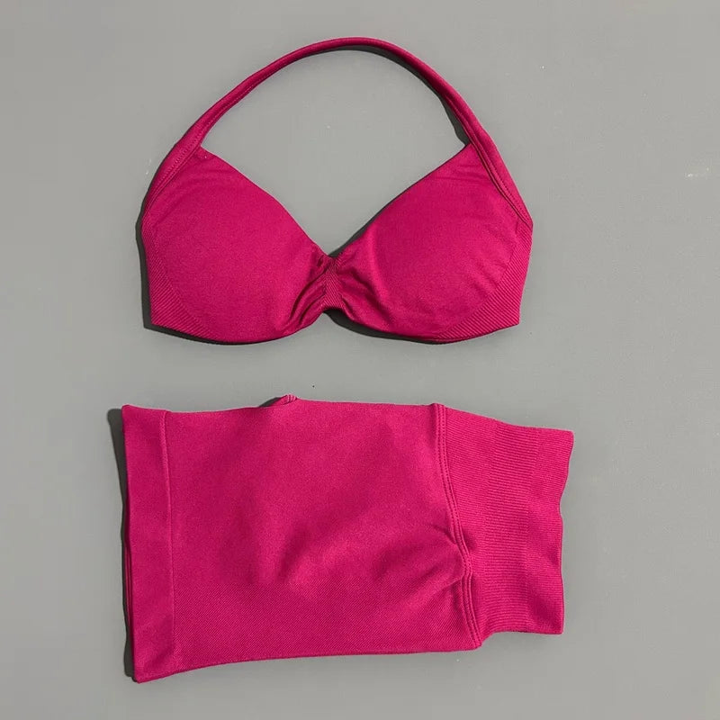 HISTELLO Gym Set 2 Piece Women Strappy Yoga Bra Top Workout Scrunch Shorts Sports Suit Fitness Clothes Seamless Yoga Set