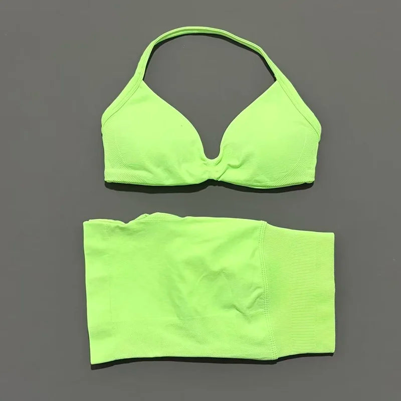 HISTELLO Gym Set 2 Piece Women Strappy Yoga Bra Top Workout Scrunch Shorts Sports Suit Fitness Clothes Seamless Yoga Set