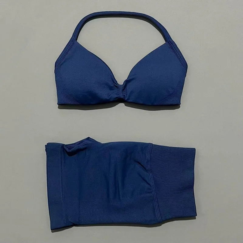 HISTELLO Gym Set 2 Piece Women Strappy Yoga Bra Top Workout Scrunch Shorts Sports Suit Fitness Clothes Seamless Yoga Set