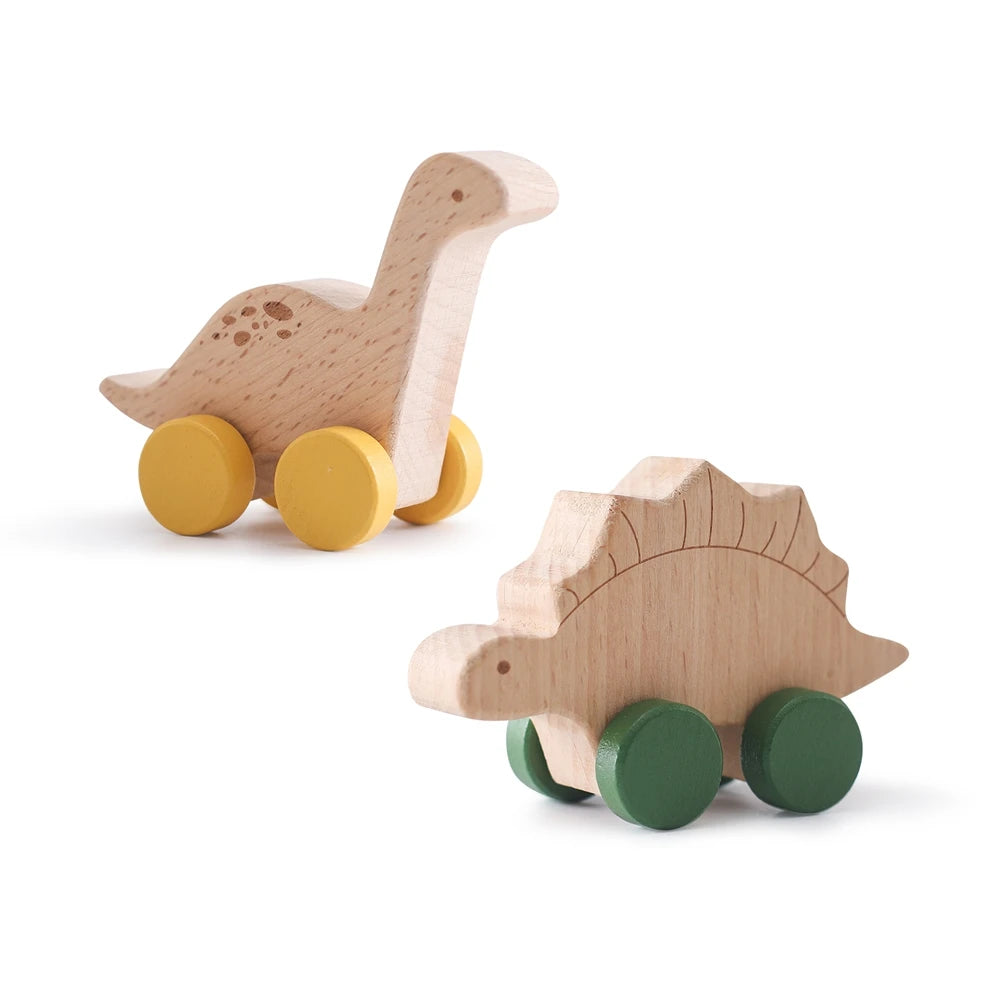 Dinosaur Cartoon Car Montessori Wooden Teether Toy for Infants Toddlers - Sensory Developmental Pretend Play Baby Teething Toy